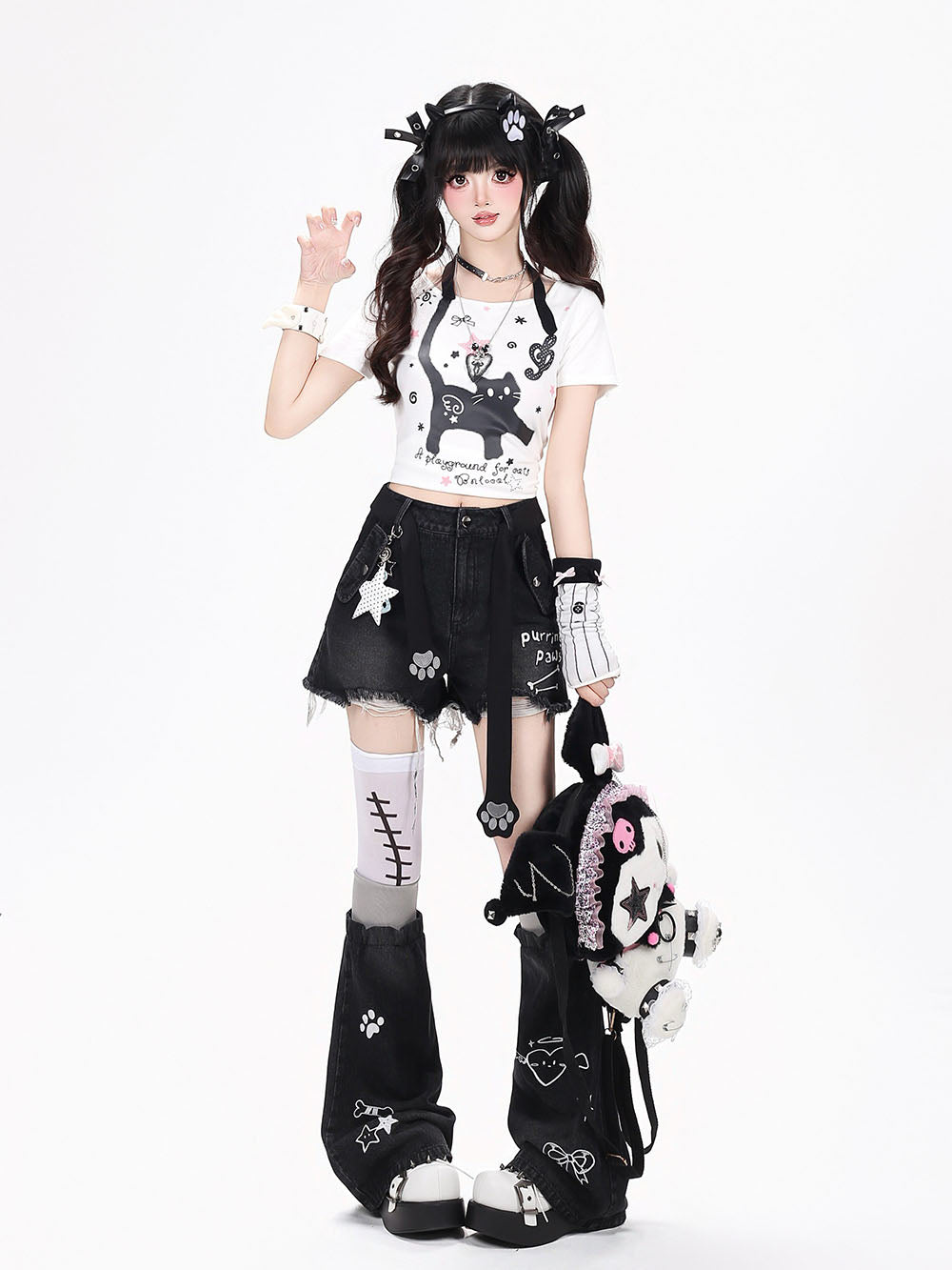 Distressed Denim Shorts With Graphic Print Leg Warmers