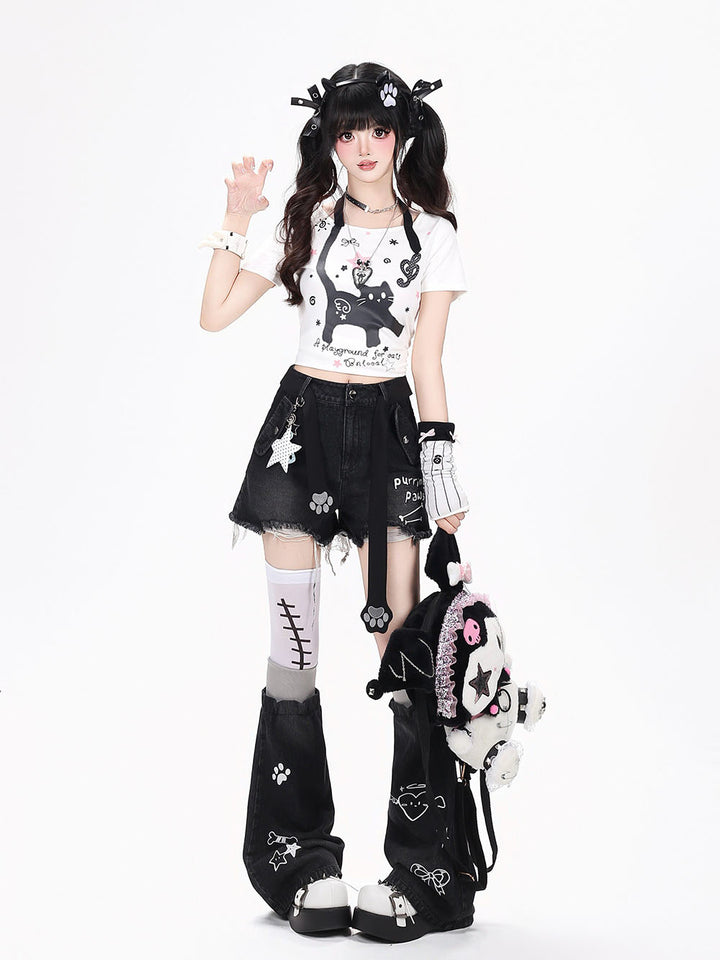 Distressed Denim Shorts With Graphic Print Leg Warmers
