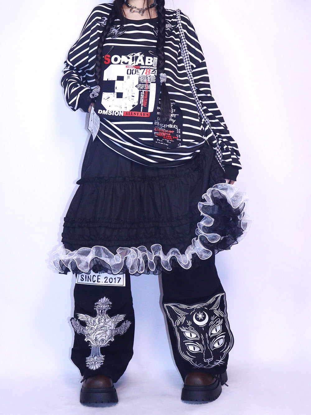 Black Gothic Cat Cross Cargo Pants