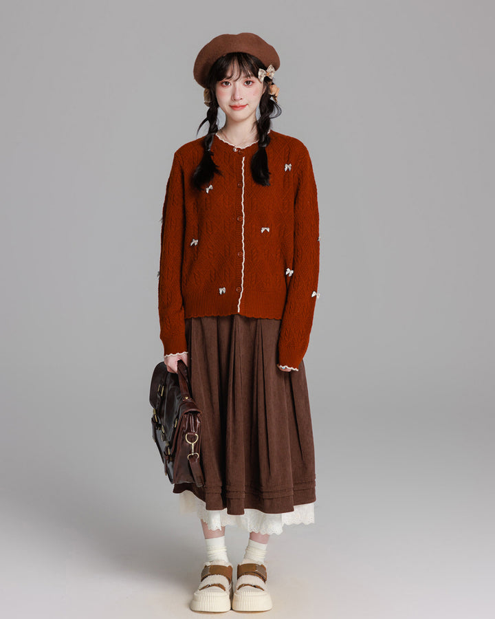 Brick Red Pure Wool Color-Blocked Bow Detail Cardigan