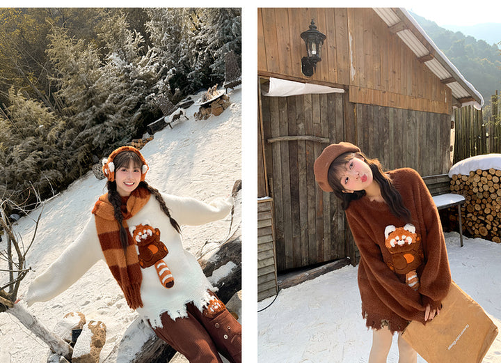 Semi-3D Red Panda Loose Casual Sweater