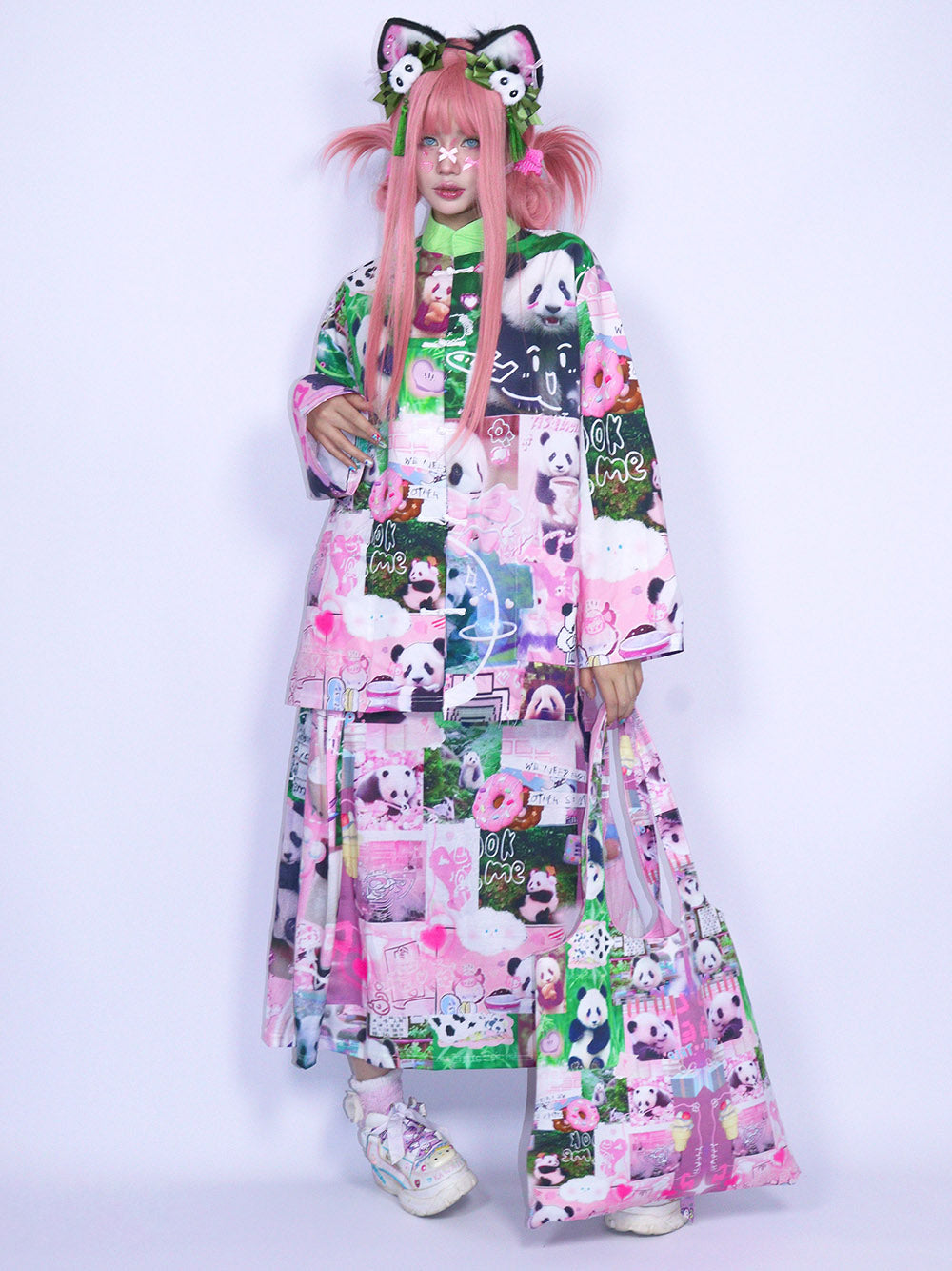 Pink Panda Collage Mandarin Collar Shirt