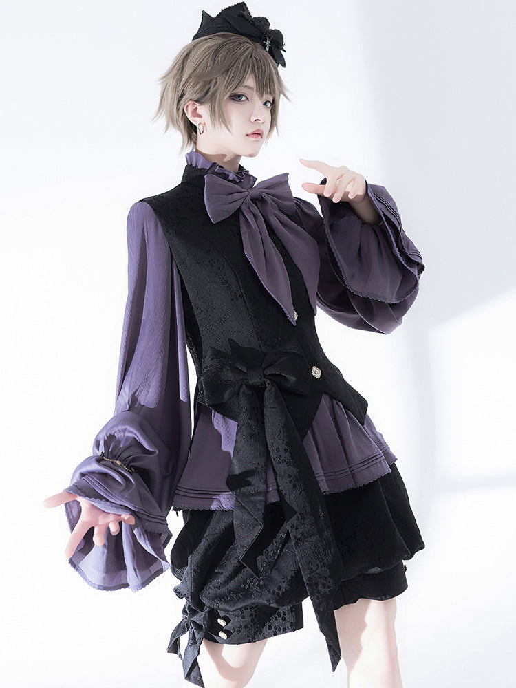 Black Floral Vest with Bow Accent