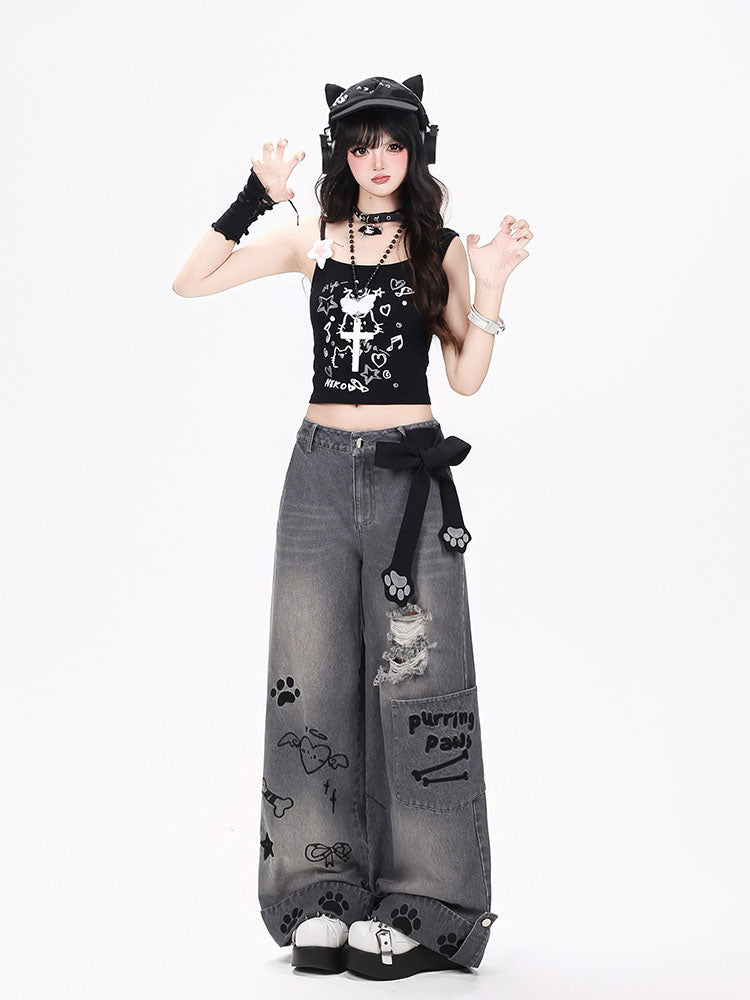 Purring Paws Distressed Plaid Cuff Wide Leg Jeans