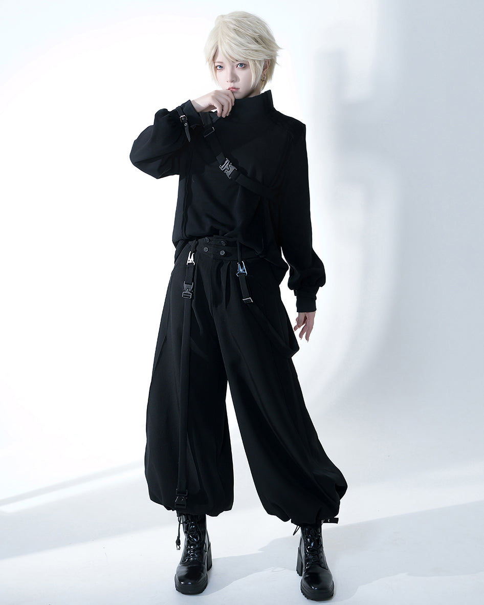 Edgy Black Wide-Leg Cropped Pants with Strap Accents