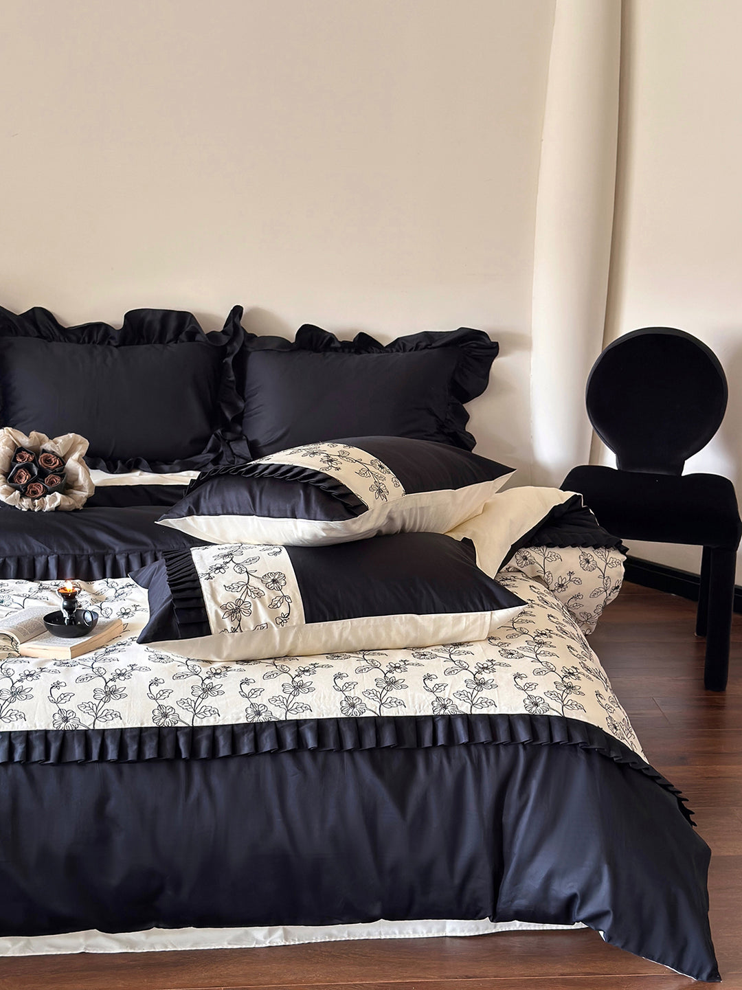 Vintage Floral Embroidery Black White Cotton Duvet Cover