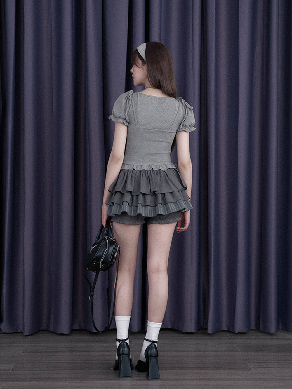 Gray Bow Tie Layered Ruffle Skort