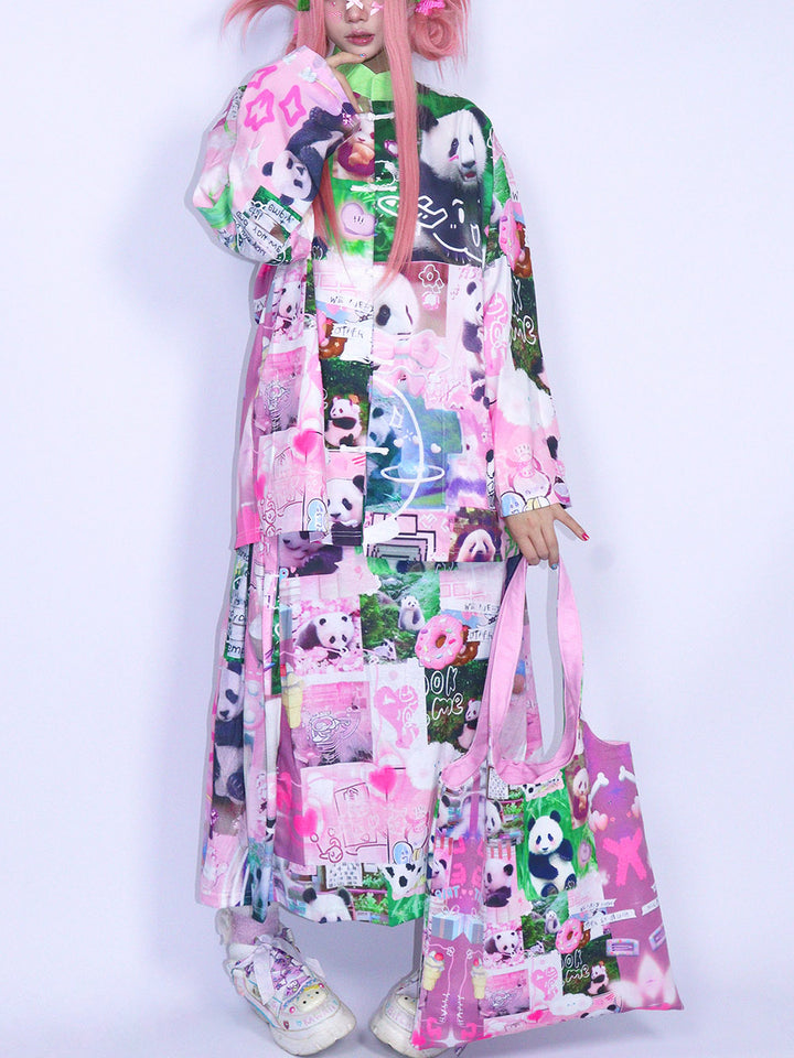 Pink Panda Collage Mandarin Collar Shirt