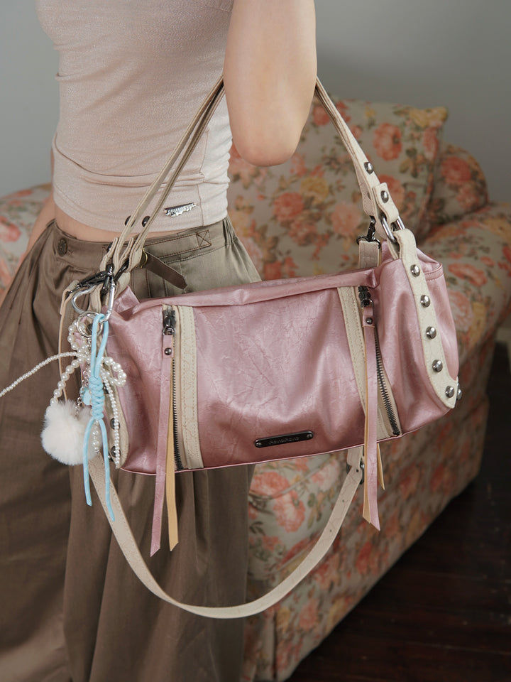 Chic Crinkled Leather Crossbody Bag with Metallic Studs