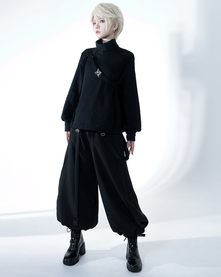 Edgy Black Wide-Leg Cropped Pants with Strap Accents