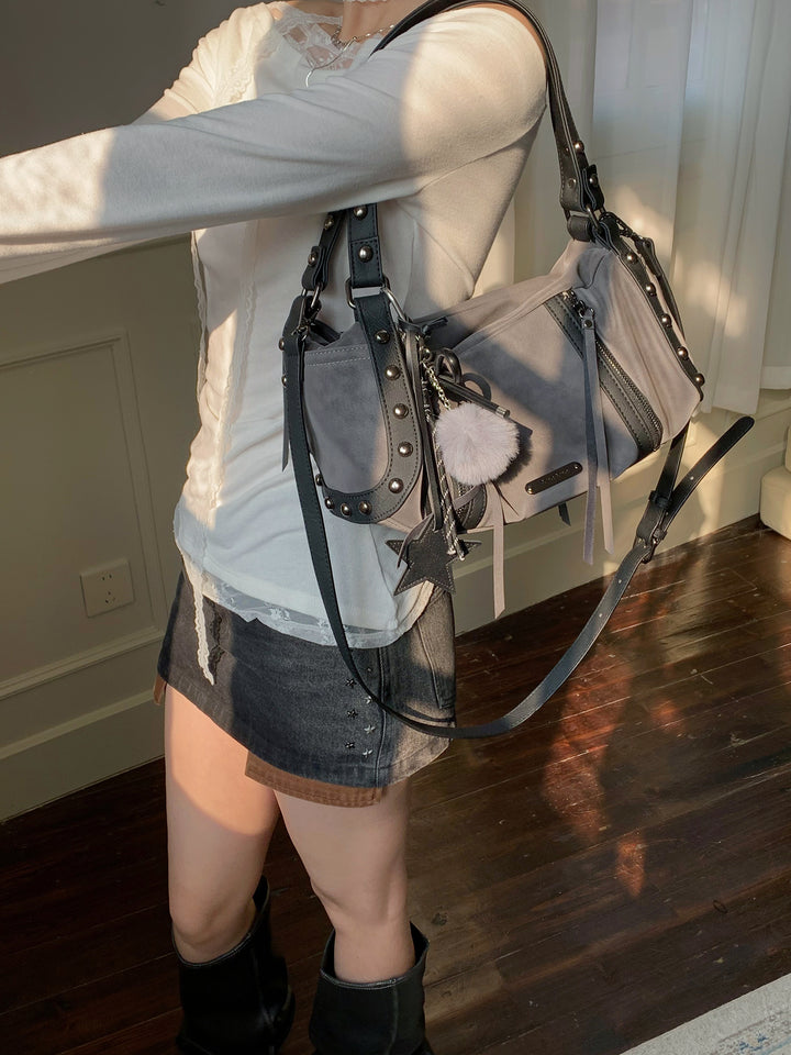 Chic Crinkled Leather Crossbody Bag with Metallic Studs