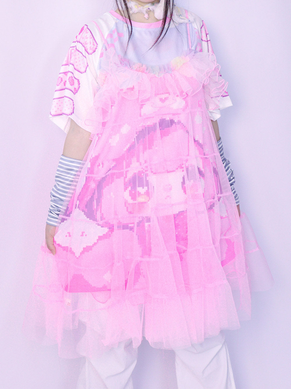 Pink Sheer Ruffle Tiered Cami Dress