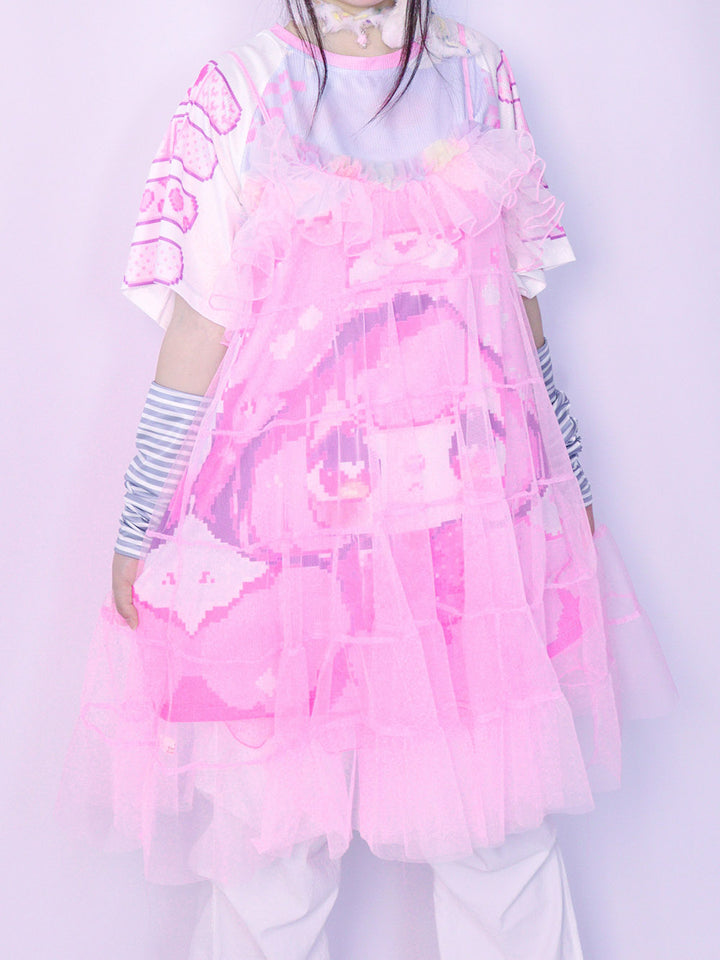 Pink Sheer Ruffle Tiered Cami Dress