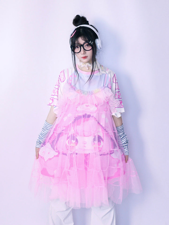 Pink Sheer Ruffle Tiered Cami Dress