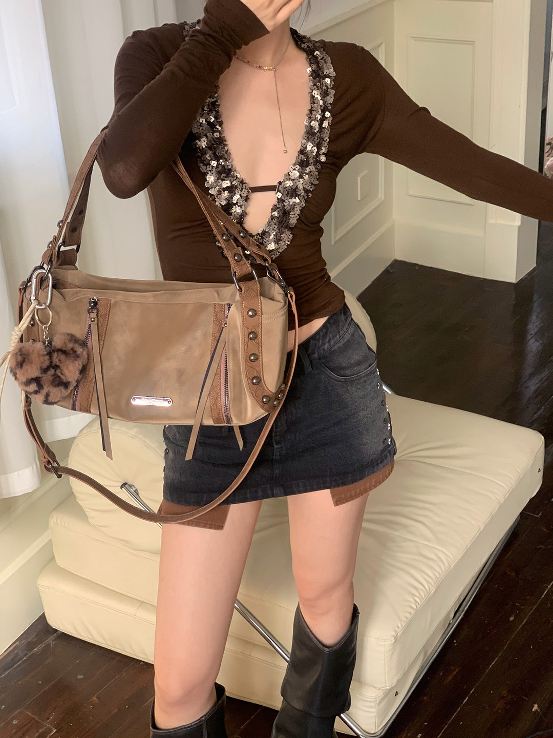 Chic Crinkled Leather Crossbody Bag with Metallic Studs