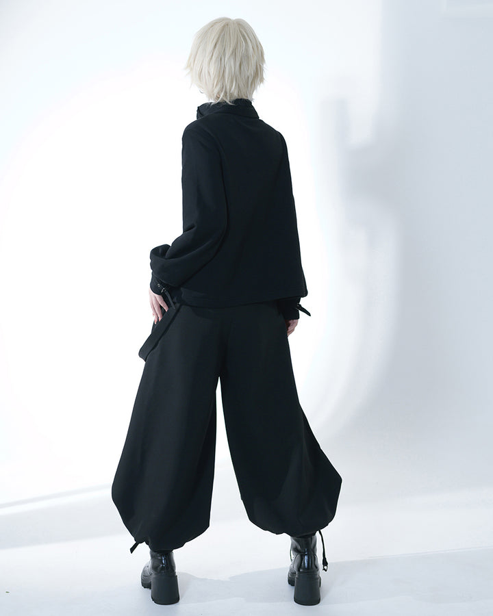 Edgy Black Wide-Leg Cropped Pants with Strap Accents