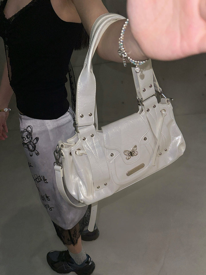 Y2K Metallic Silver Butterfly Biker Shoulder Bag