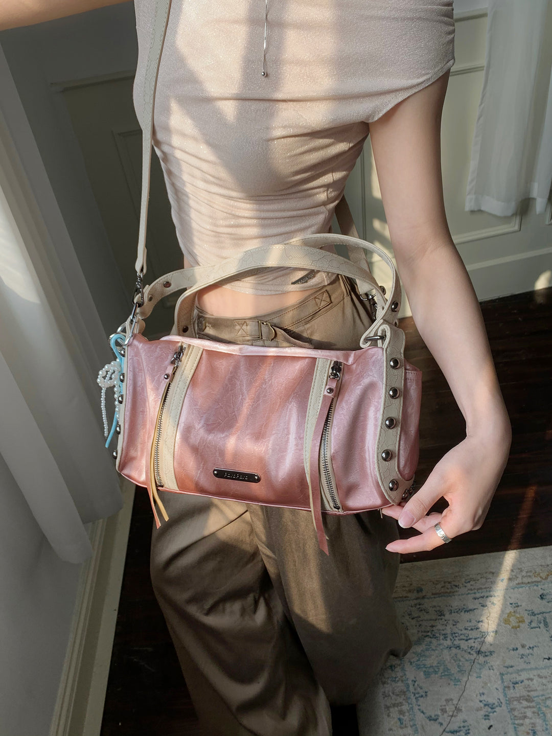 Chic Crinkled Leather Crossbody Bag with Metallic Studs