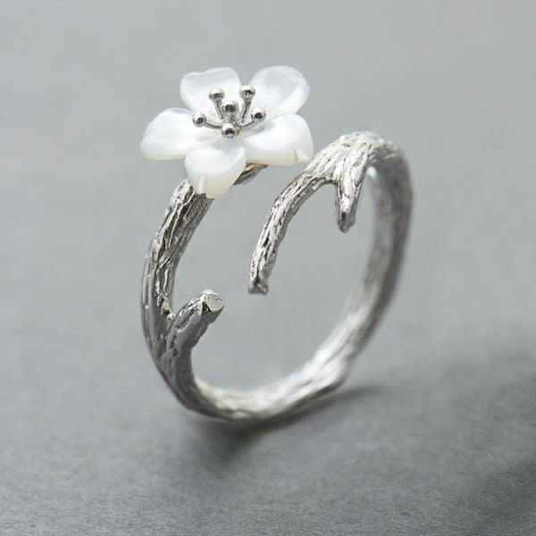 White Cherry Blossom Silver Ring