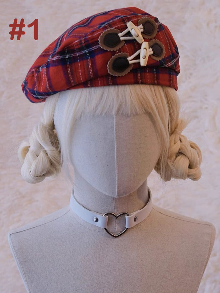 Red Plaid Toggle Detail Beret