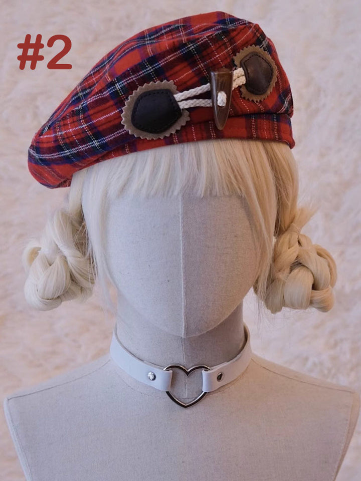 Red Plaid Toggle Detail Beret