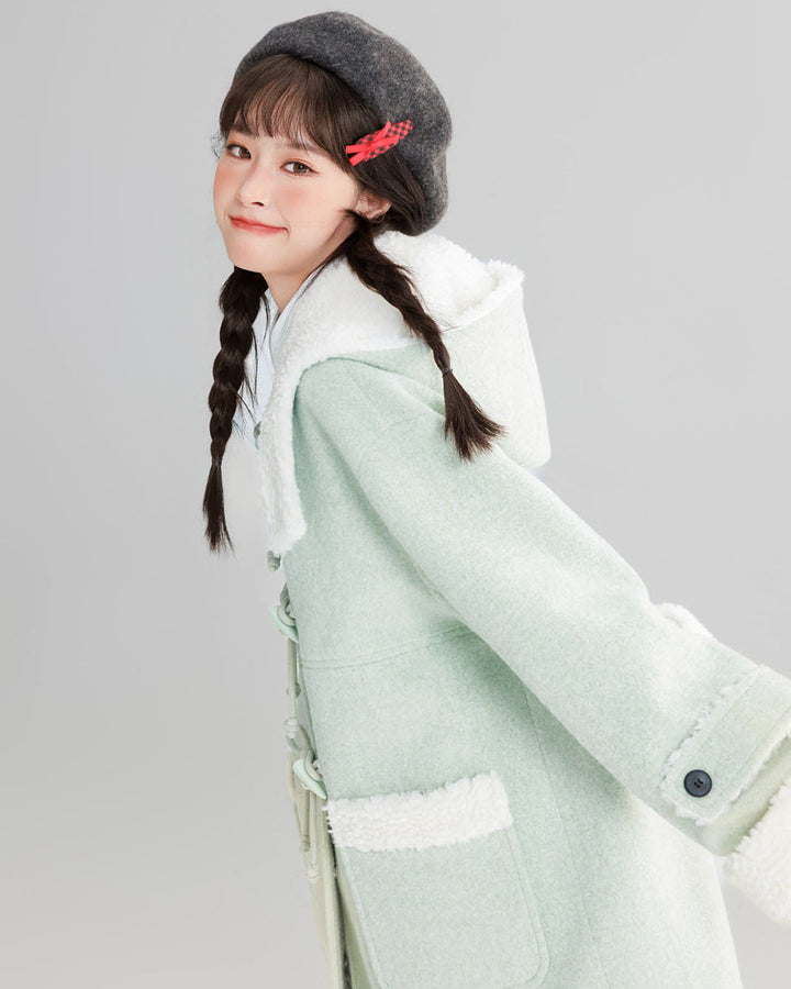 Mint Green College-style Thickened Wool Coat for Winter