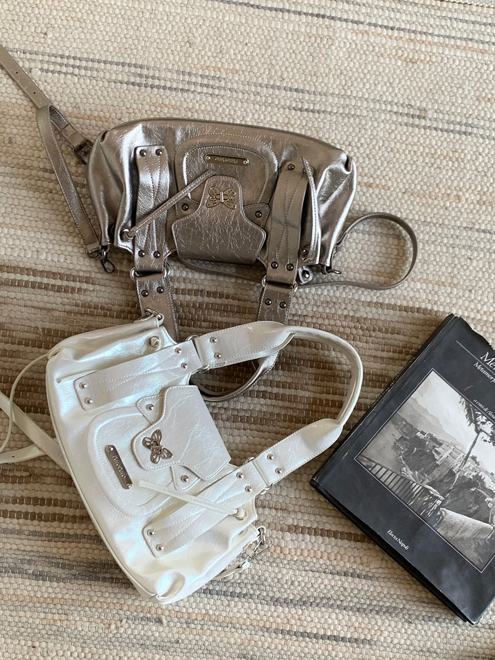Y2K Metallic Silver Butterfly Biker Shoulder Bag