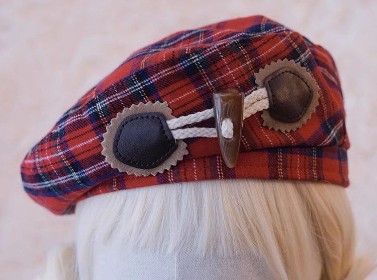 Red Plaid Toggle Detail Beret