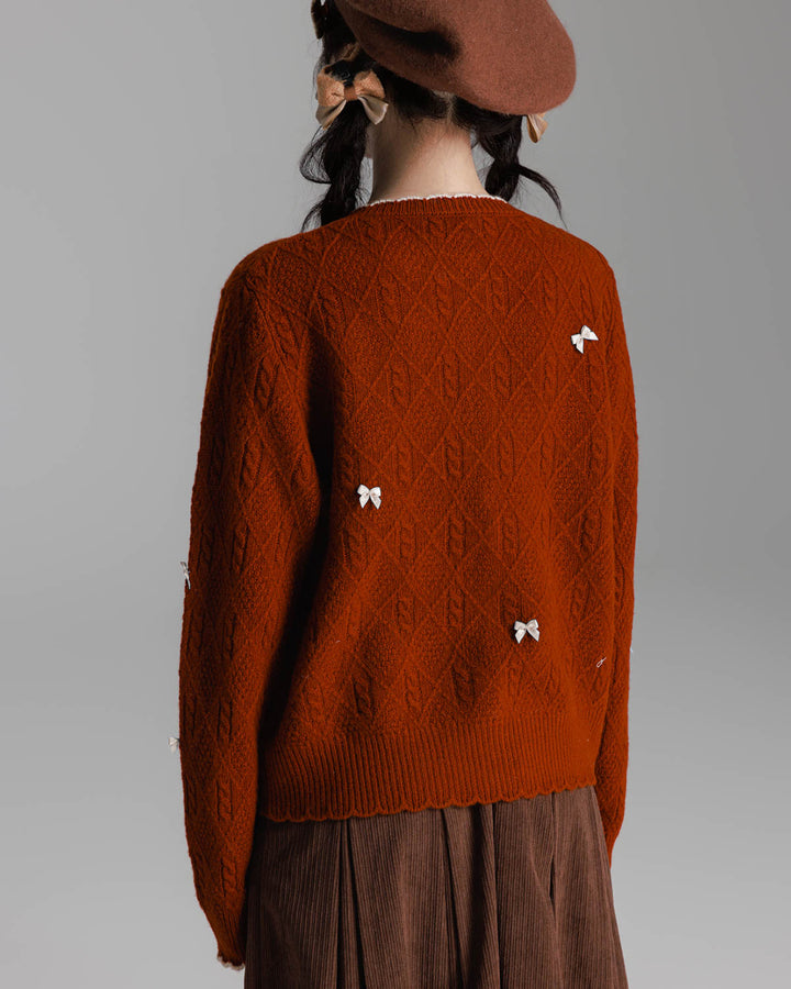 Brick Red Pure Wool Color-Blocked Bow Detail Cardigan