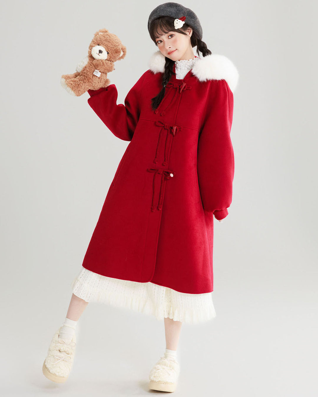 Red Wool Coat with Lantern Sleeves