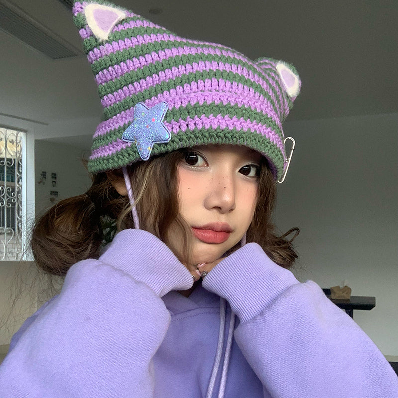 Lilac Striped Knit Hat