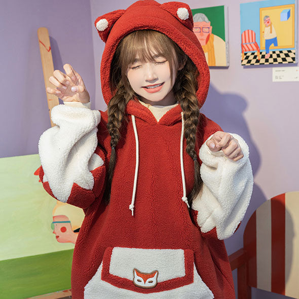 Cartoon Fox Pocket Plush Hoodie