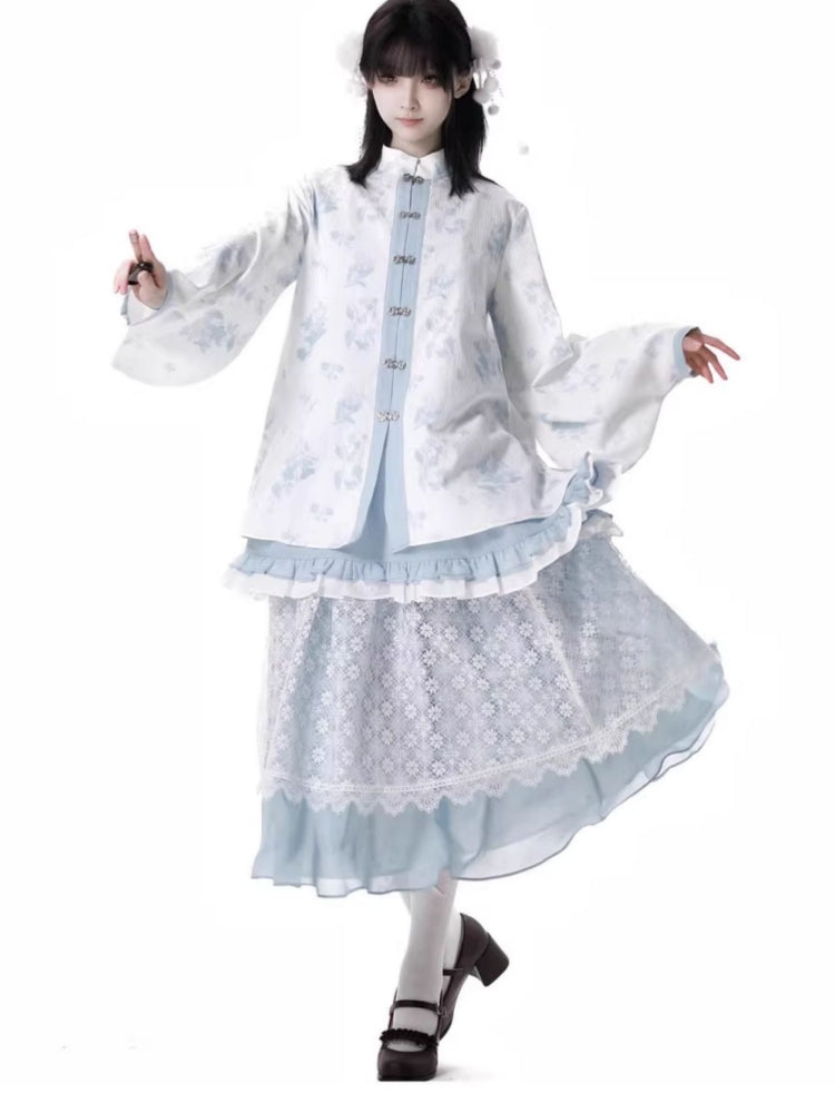 Light blue fusion layered design shirt dress skirt