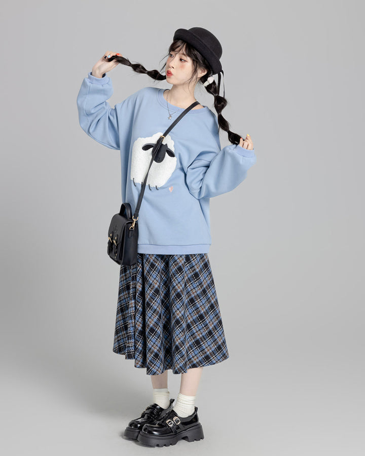 Lamb Embroidery Fleece-Lined Hoodie for Autumn and Winter