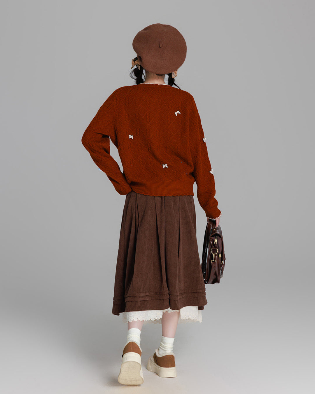 Brick Red Pure Wool Color-Blocked Bow Detail Cardigan