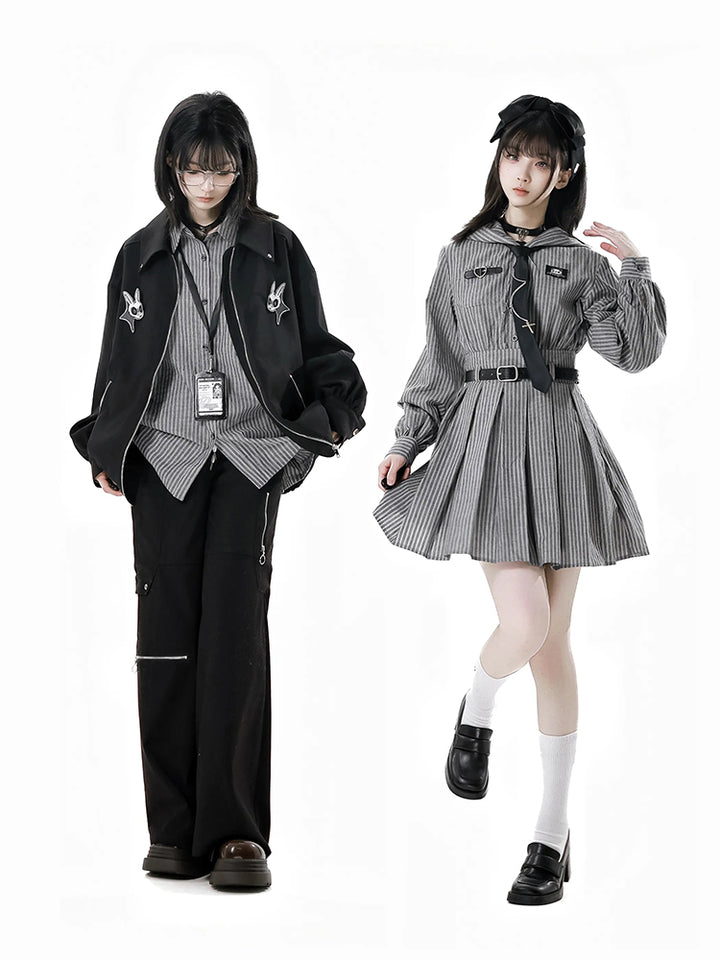 Edgy Striped Shirt / Dress / Black Jacket / Wide Leg Pants