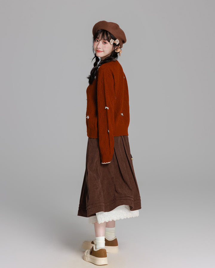 Brick Red Pure Wool Color-Blocked Bow Detail Cardigan