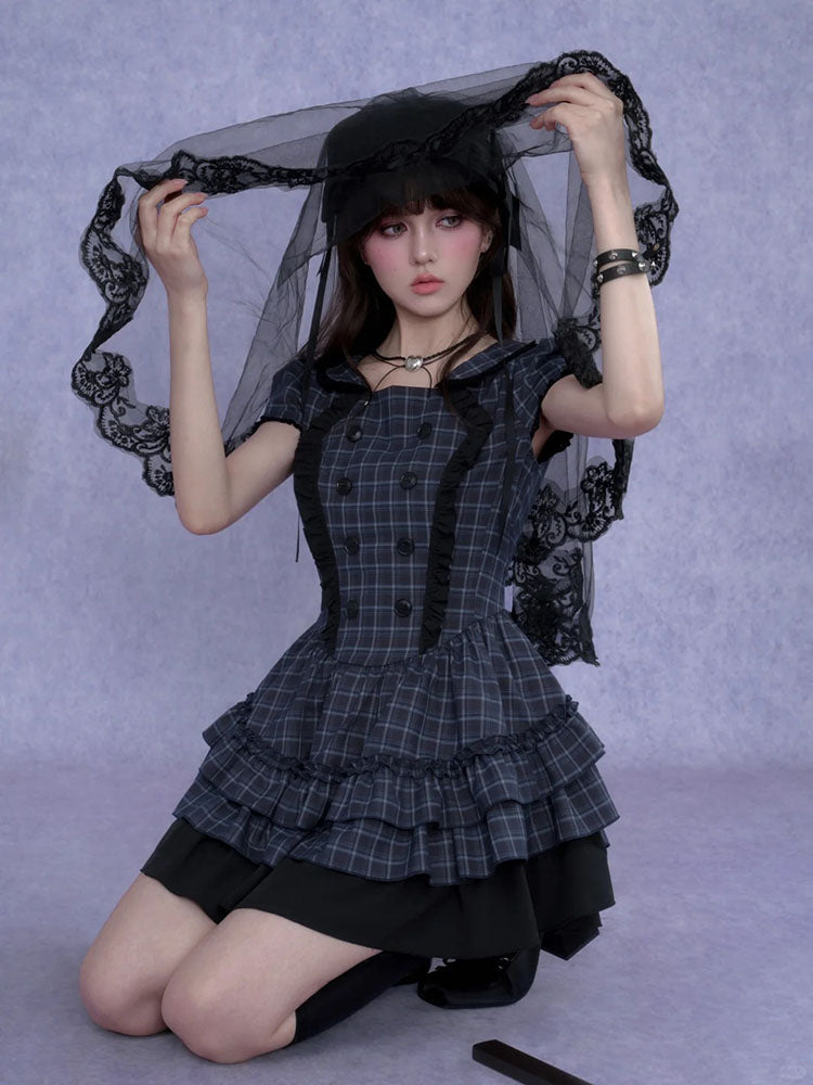 Double Breasted Plaid Ruffle Dress