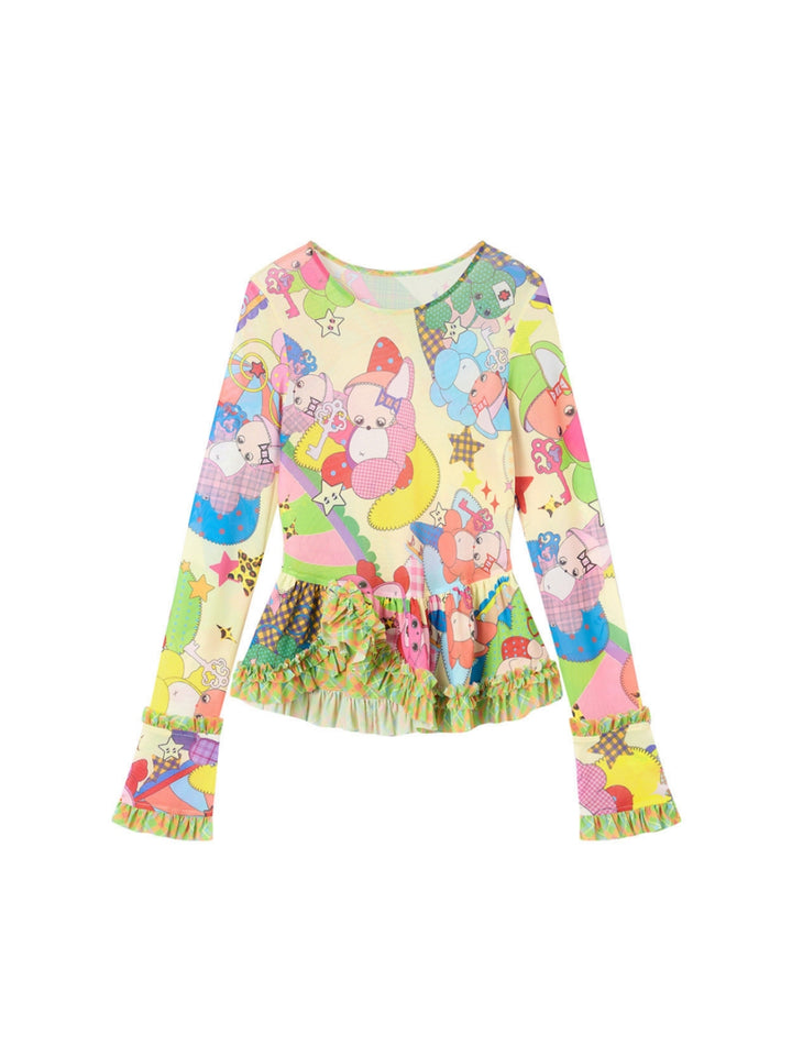 Colorful Cartoon Ruffle Layering Top