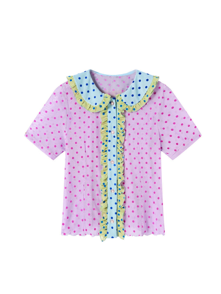 Pink Polka Dot Ruffle Collar Shirt