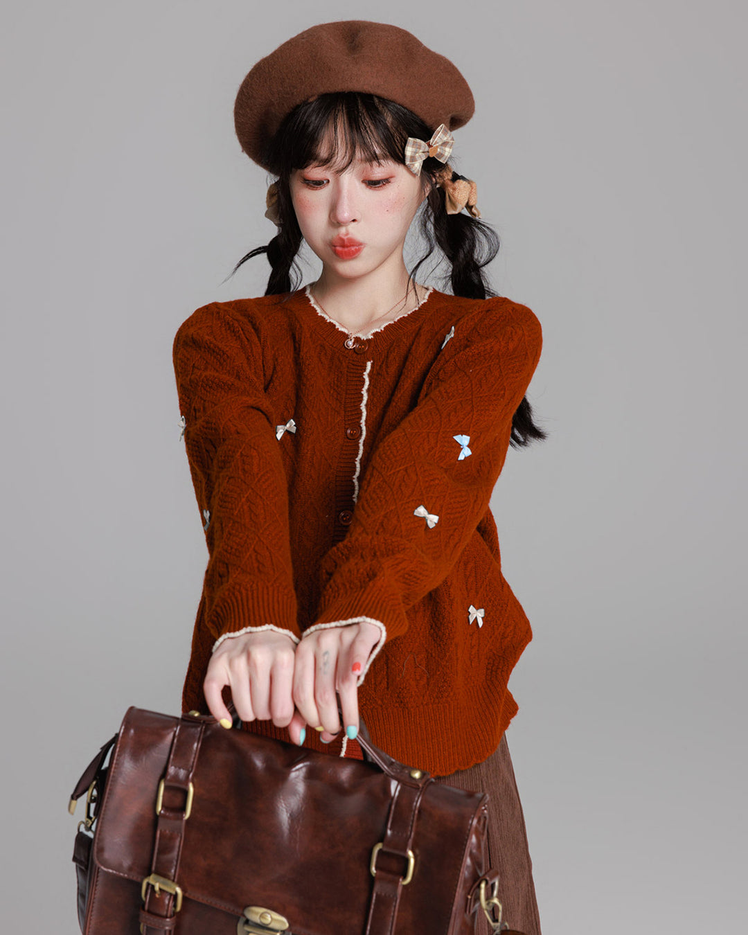 Brick Red Pure Wool Color-Blocked Bow Detail Cardigan