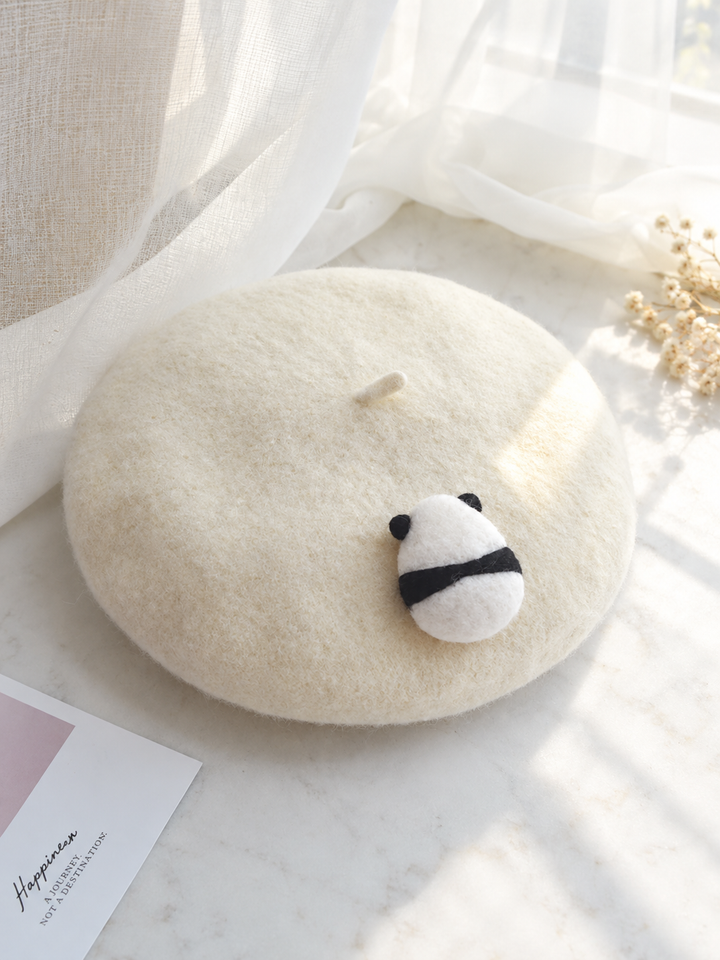 Panda Back White Beret Hat