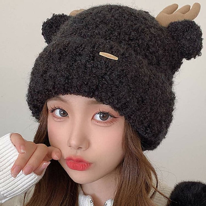 Cute Cartoon Bear Ears Deer Antler Knit Plush Hat