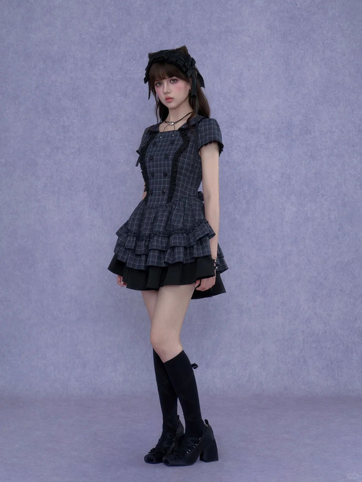 Double Breasted Plaid Ruffle Dress