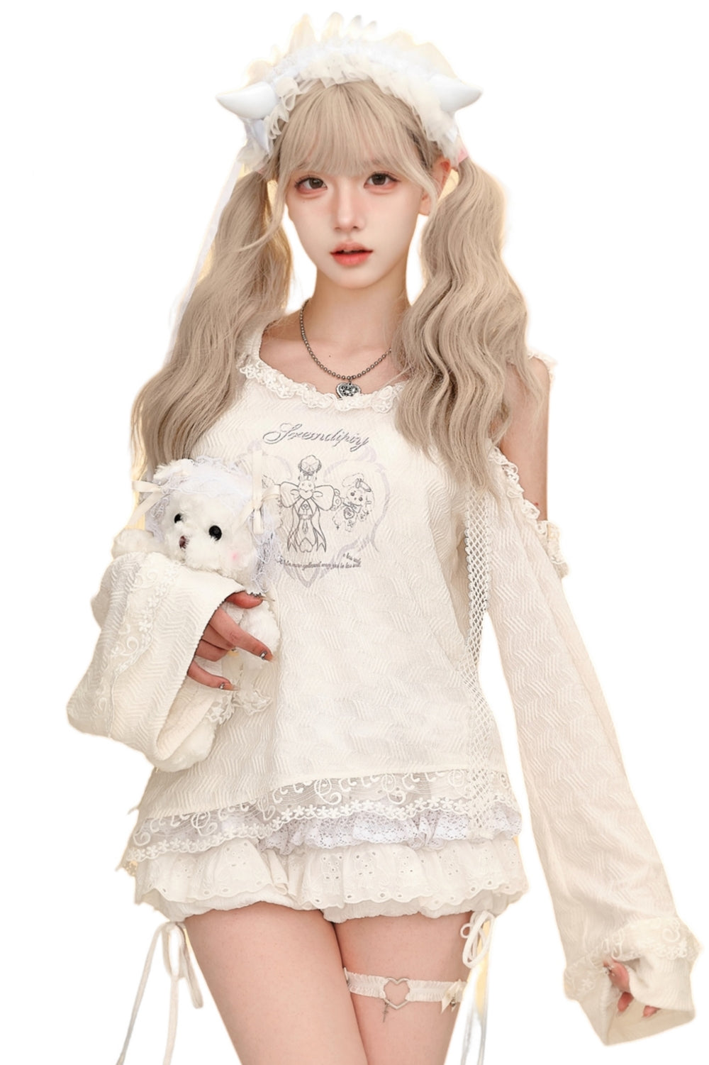 Angel Island White Lace Hooded Top and Tiered Skirt