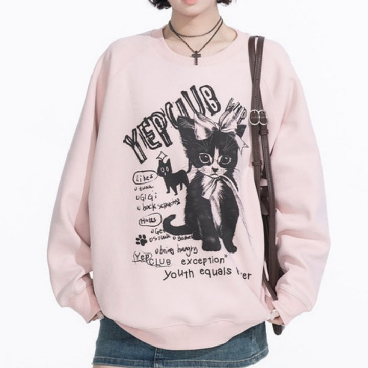 Black Cat Print Round Neck Pink Sweatshirt