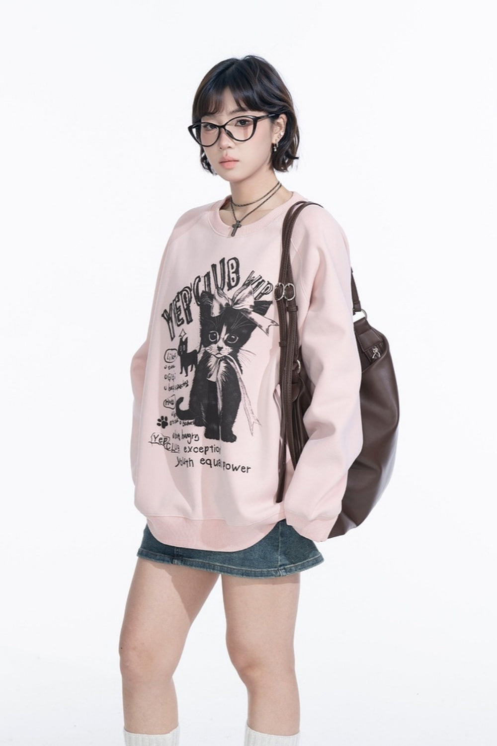 Black Cat Print Round Neck Pink Sweatshirt