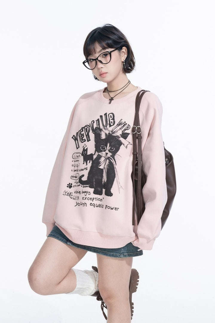 Black Cat Print Round Neck Pink Sweatshirt