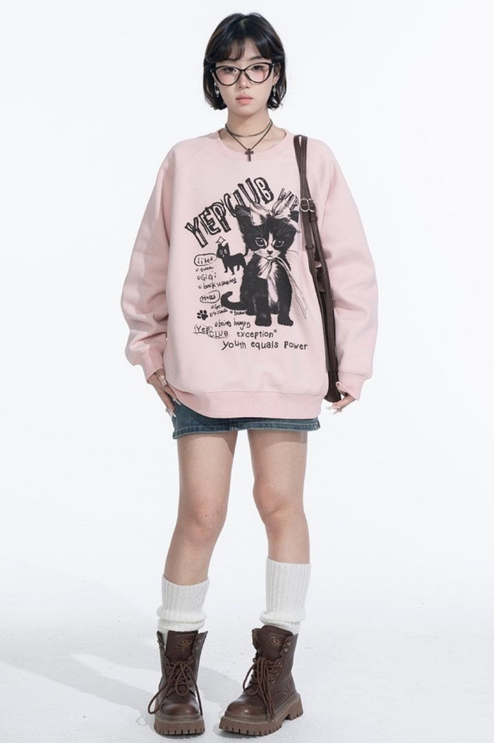 Black Cat Print Round Neck Pink Sweatshirt