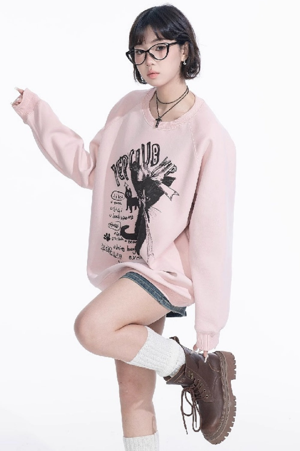 Black Cat Print Round Neck Pink Sweatshirt